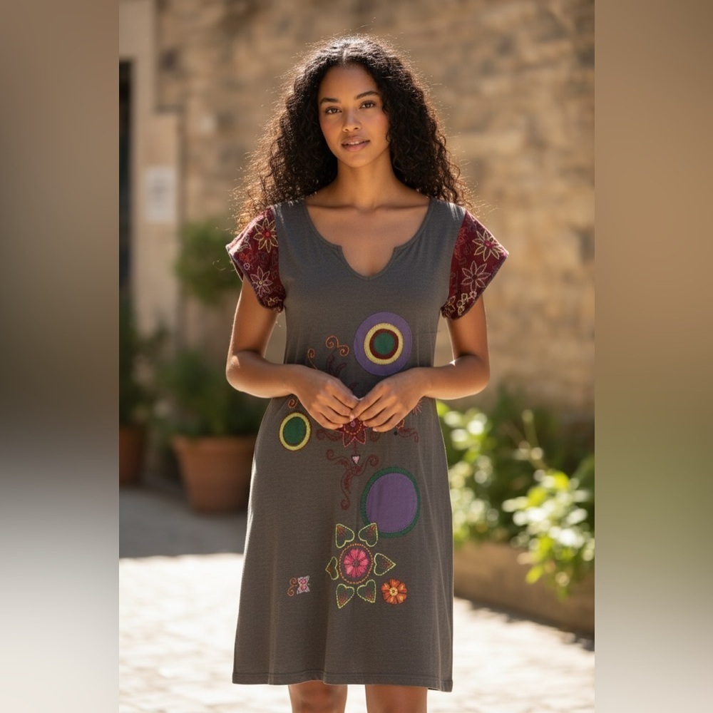 Ark Imports Fair Trade Boho Dress - Size XS Bright embroidery-butterfly sleeves